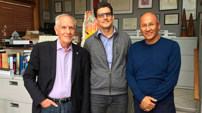 From left to right: Douglas Cardinal and the co-curators of the Canadian Pavilion at the Venice Biennale of Architecture 2018, David Fortin and Gerald McMaster